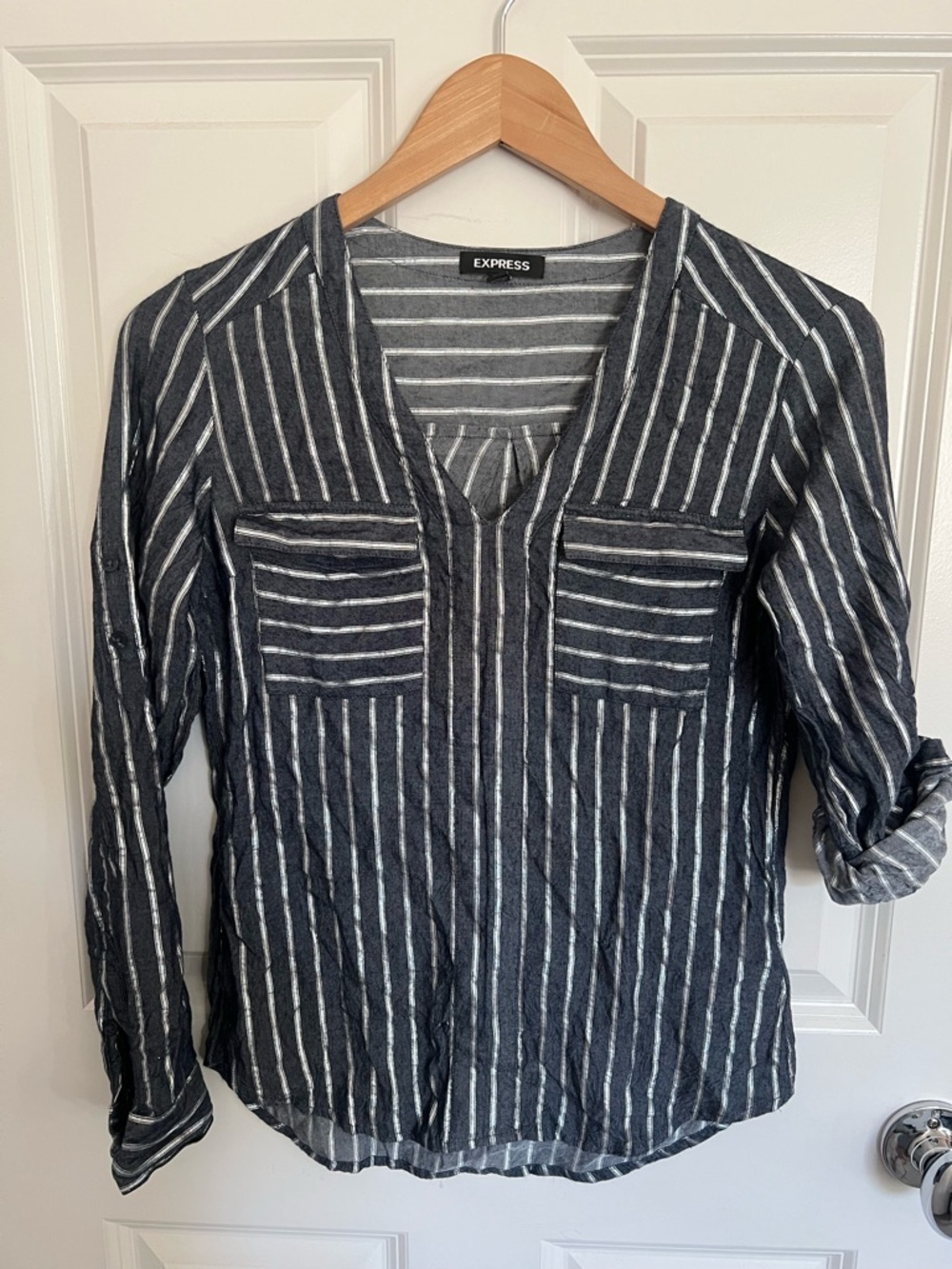 Express Black & Silver Striped V-Neck Utility Blouse